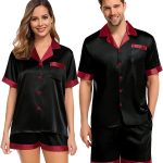 SWOMOG Couples Matching Pajama Set Silk Satin Short Sleeve Pjs Set Top and Shorts Sleepwear Soft Button-Down Loungewear